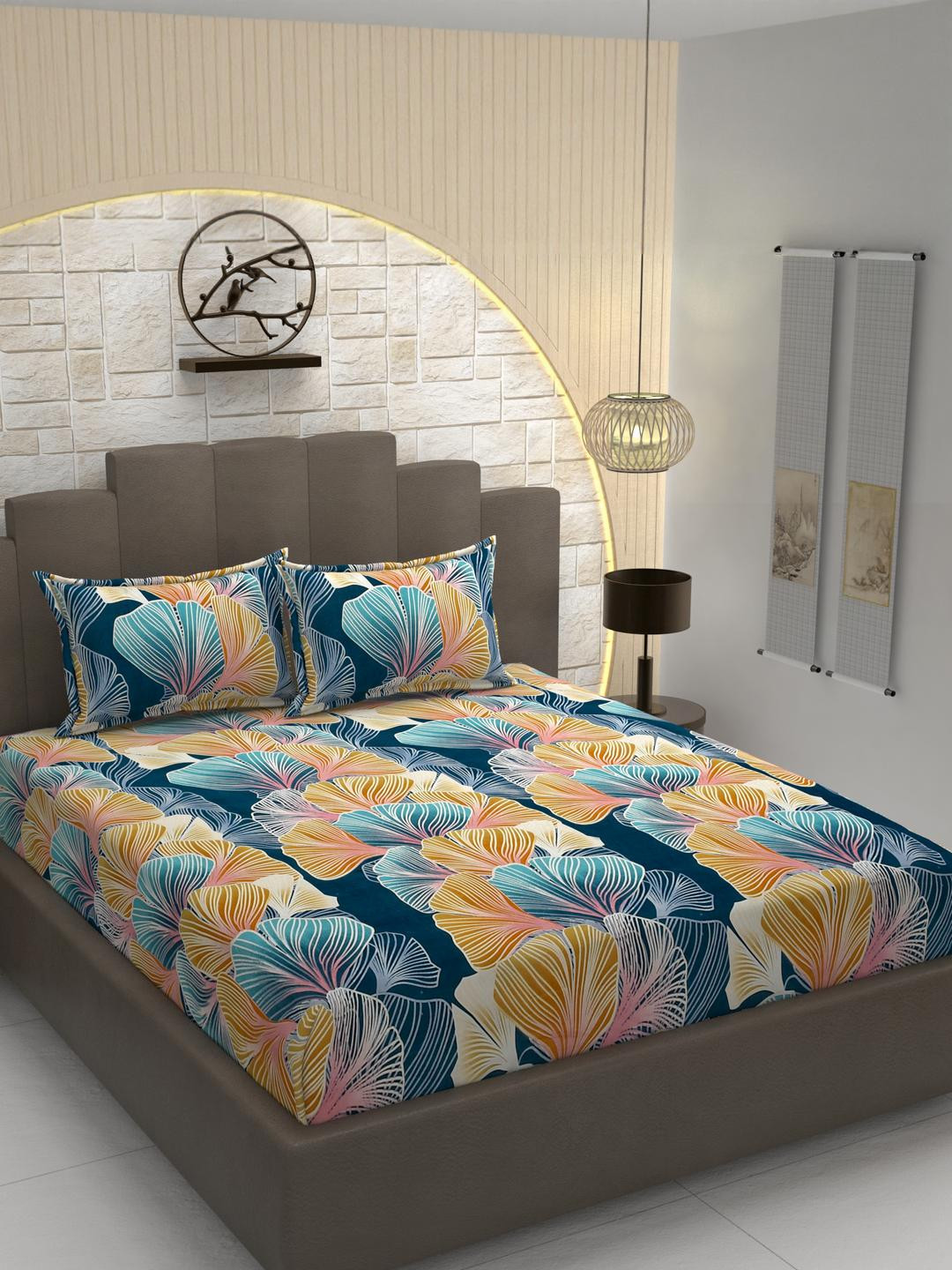 Fabture Multicolor on Navy Blue Floral Cotton Double Bedsheet with Pillow Covers