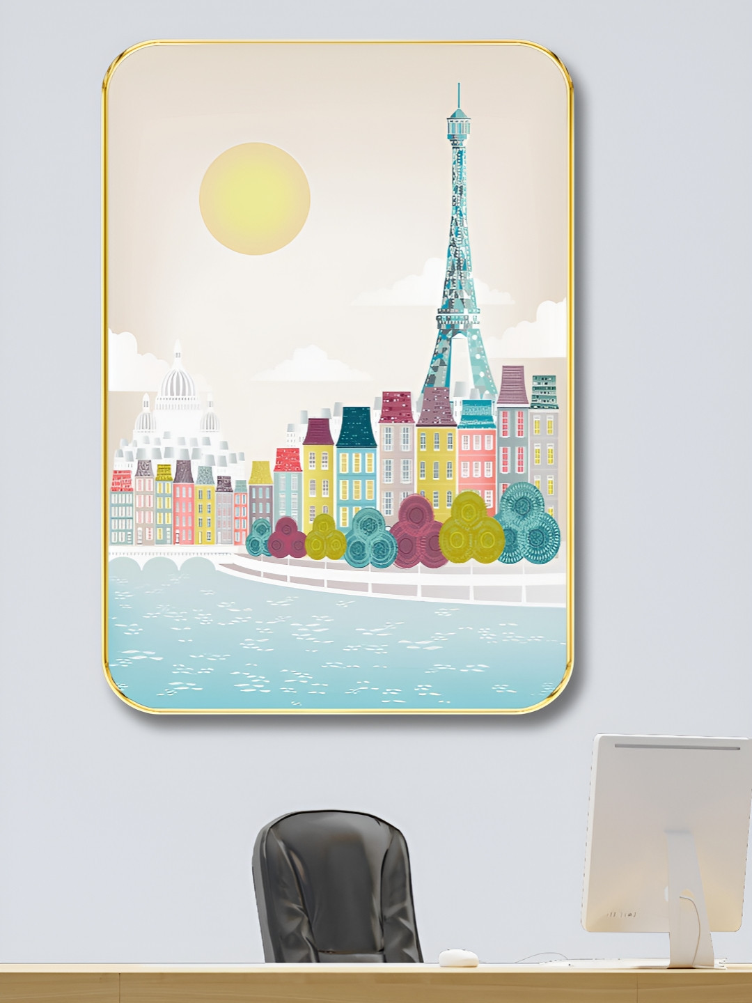 Livin'luxe Blue Paris Eiffel Tower & Colorful Riverside Buildings Wall Art