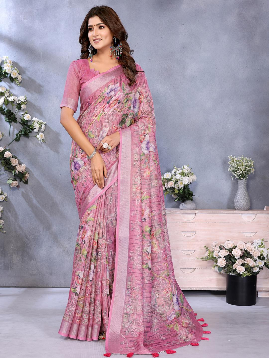 Jya Printed Linen Shimmer Saree For Women With Blouse Piece