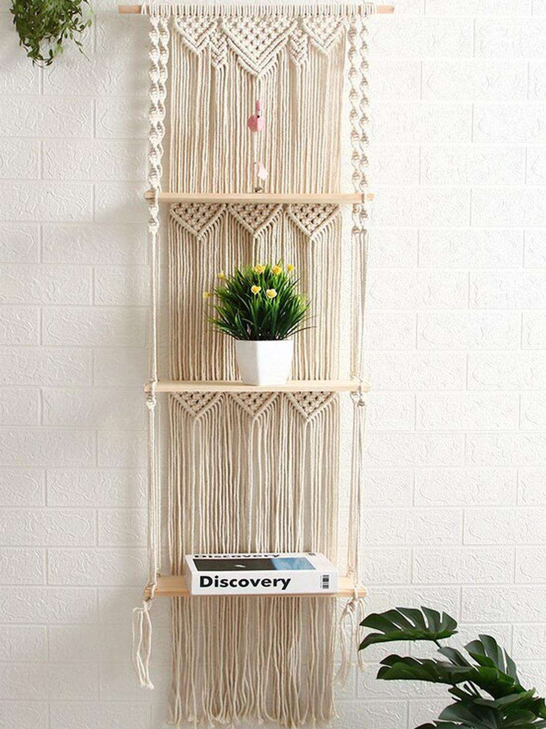 Aain Macreame wall shelf hanger 3 tiear Wood Hanging Hall 3Pcs Tapestries & Macrame-15.7In