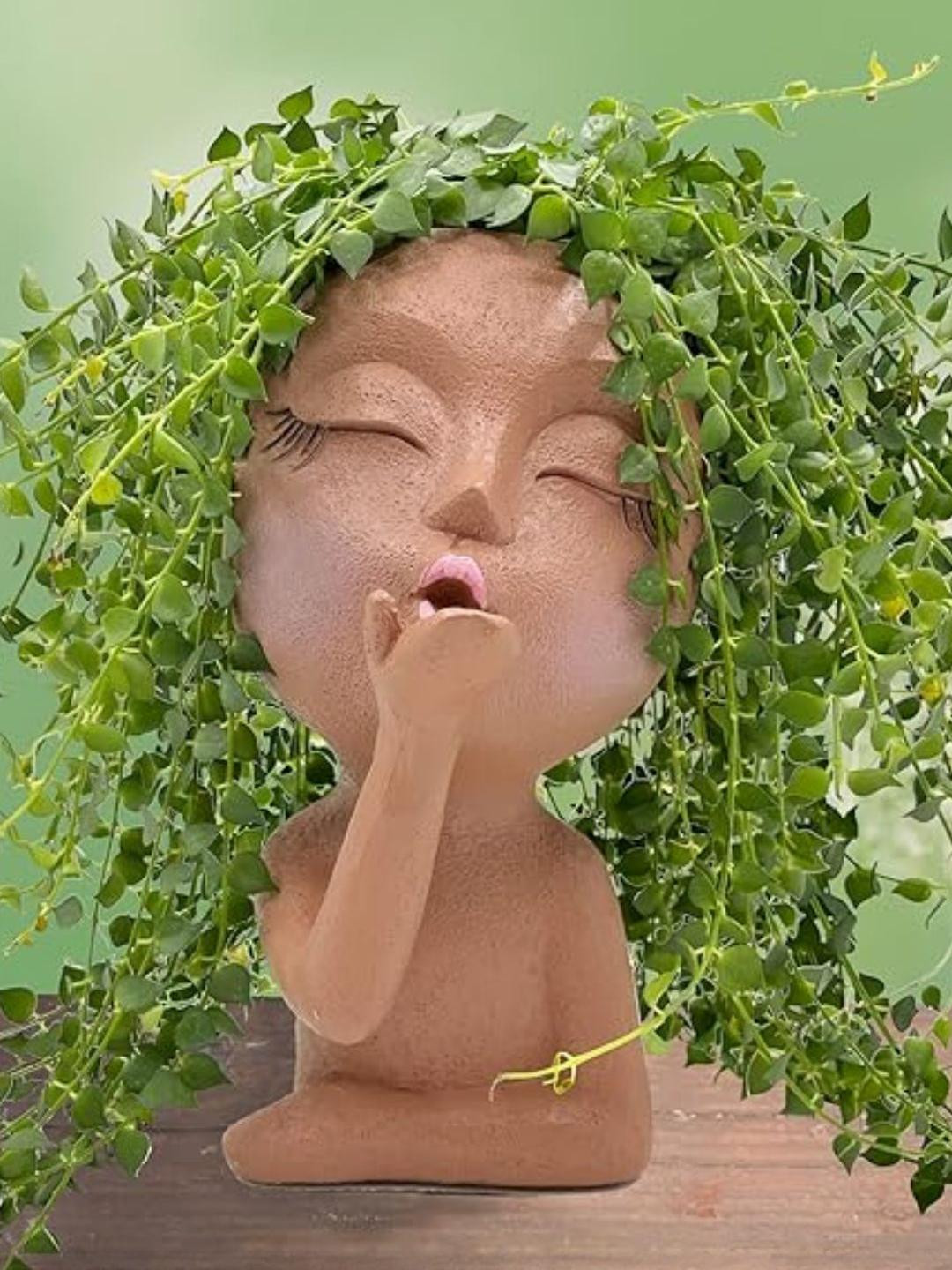 Face Planter Pots, Unique Face Flower Pots for Indoor Outdoor Plants, Resin Head Planter Pots with Drainage Hole, Cute Lady Succulent Planter Pots Closed Eyes for Garden Home Decor(Brown)