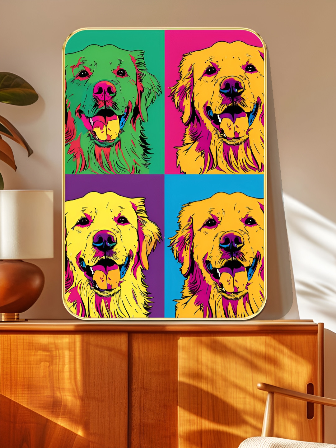 SAF Yellow & Orange Pop Art Golden Retriever Printed MDF Wooden Wall Art