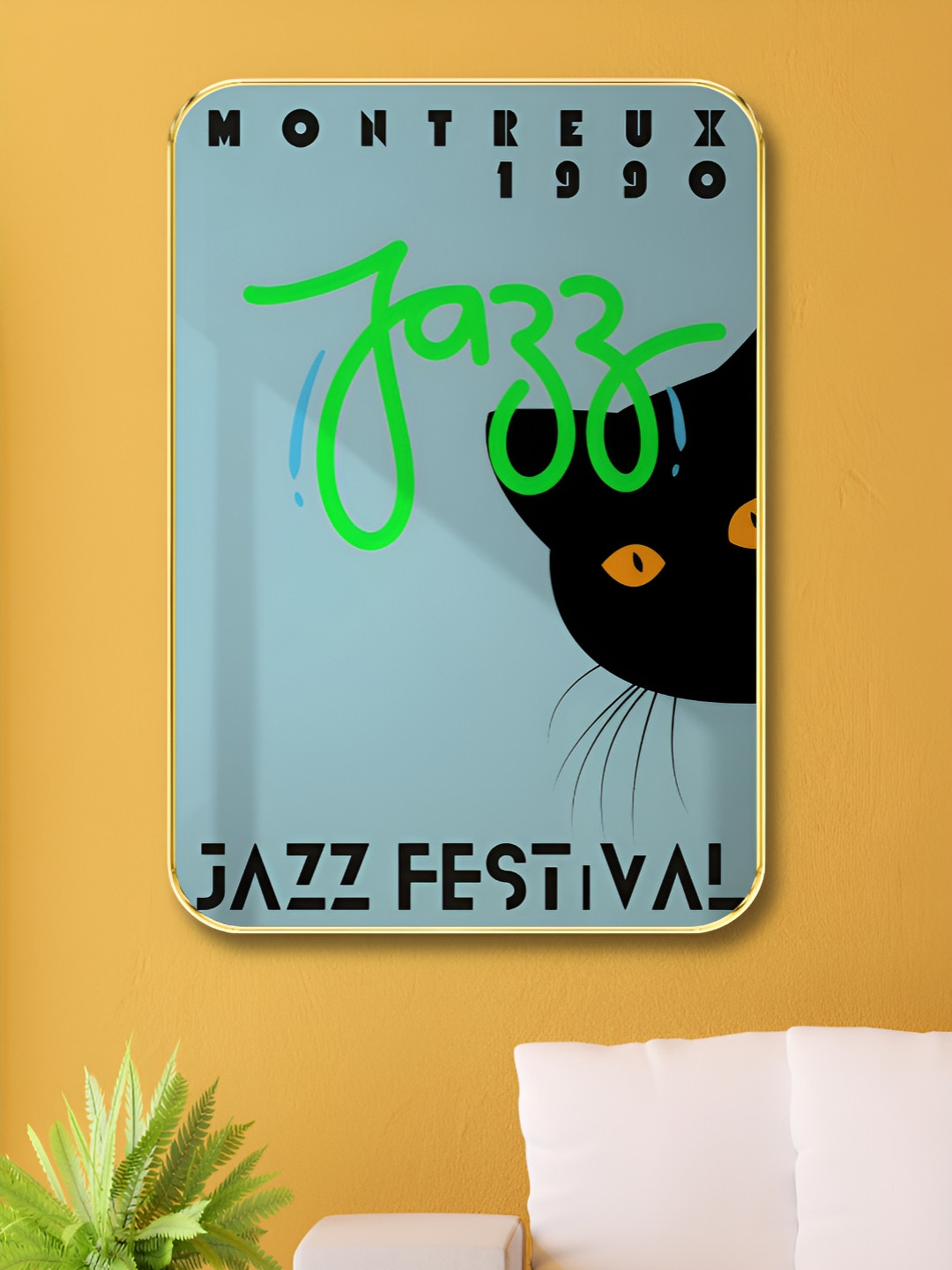 Livin'luxe Black & Green Wooden Retro Cat & Jazz Festival 1990  Wall Art