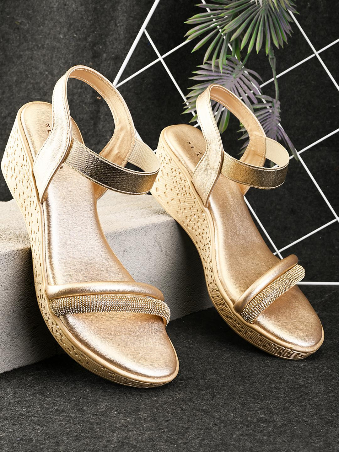XE Looks Women Gold Glossy Finish Front Shimmer Strap Ankle Support Wedges