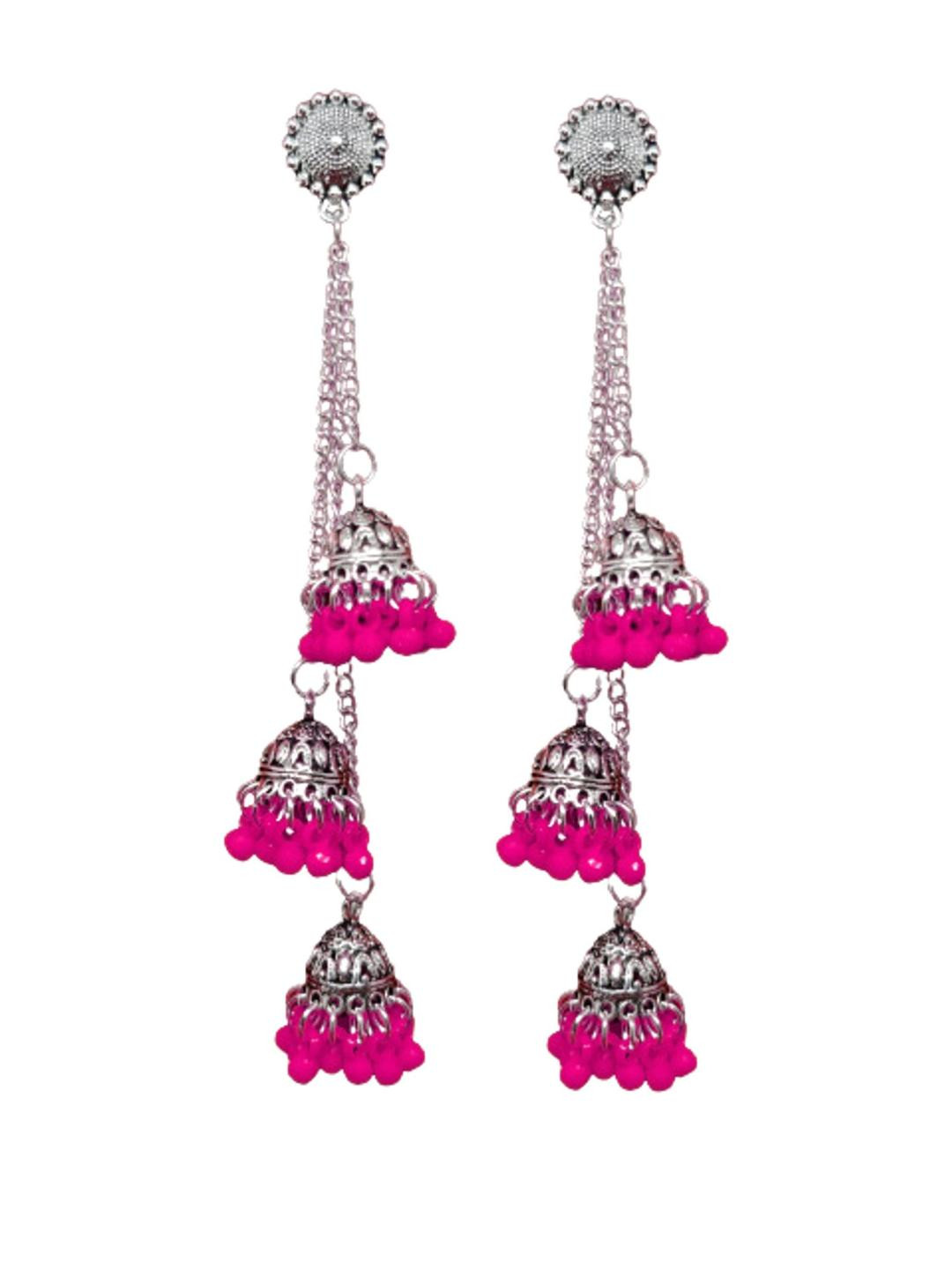 Weariton Women Fuchsia Oxidised Ethnic Silver-Plated Artificial Beads Jhumkas