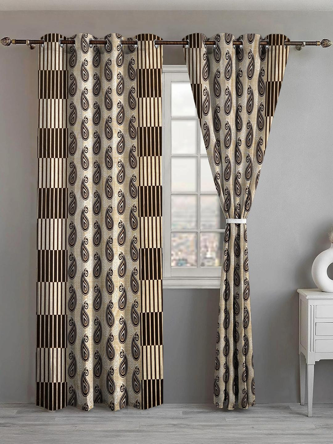 Lunar Days Set of 2 Brown & Beige 9 Feet Long Door Room Darkening Eyelet Ring Curtains