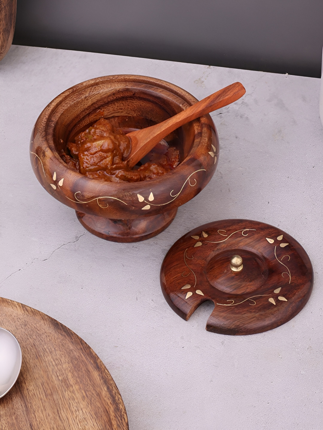 EXIM DECOR Brown Achar Dani Wooden Curio Showpiece