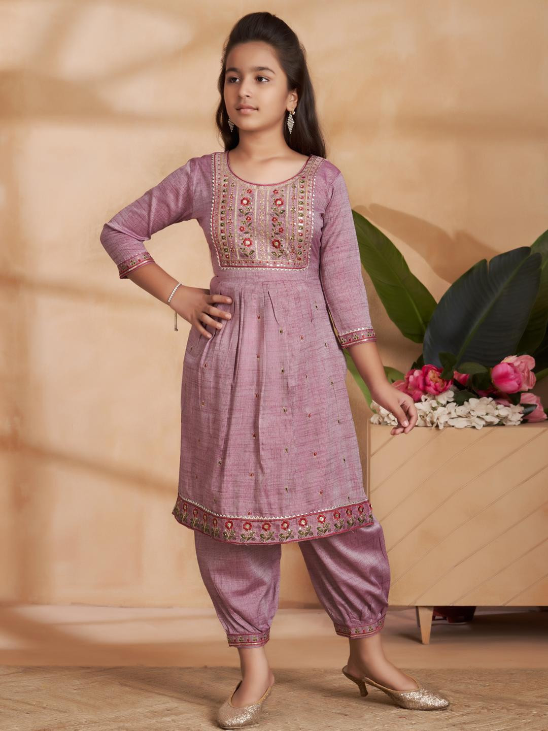 Sangria Girls Burgundy Cotton Blend Kurta Sets