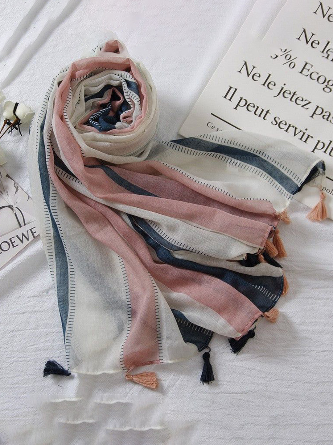 QUECY Women Striped Scarf with Tassels
