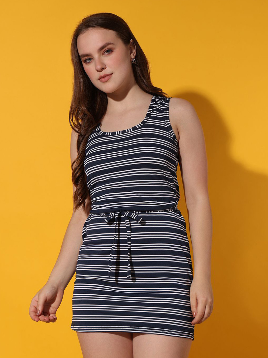 Istyle Can Women Striped Sleeveless Tie-Ups Bodycon Mini Dress