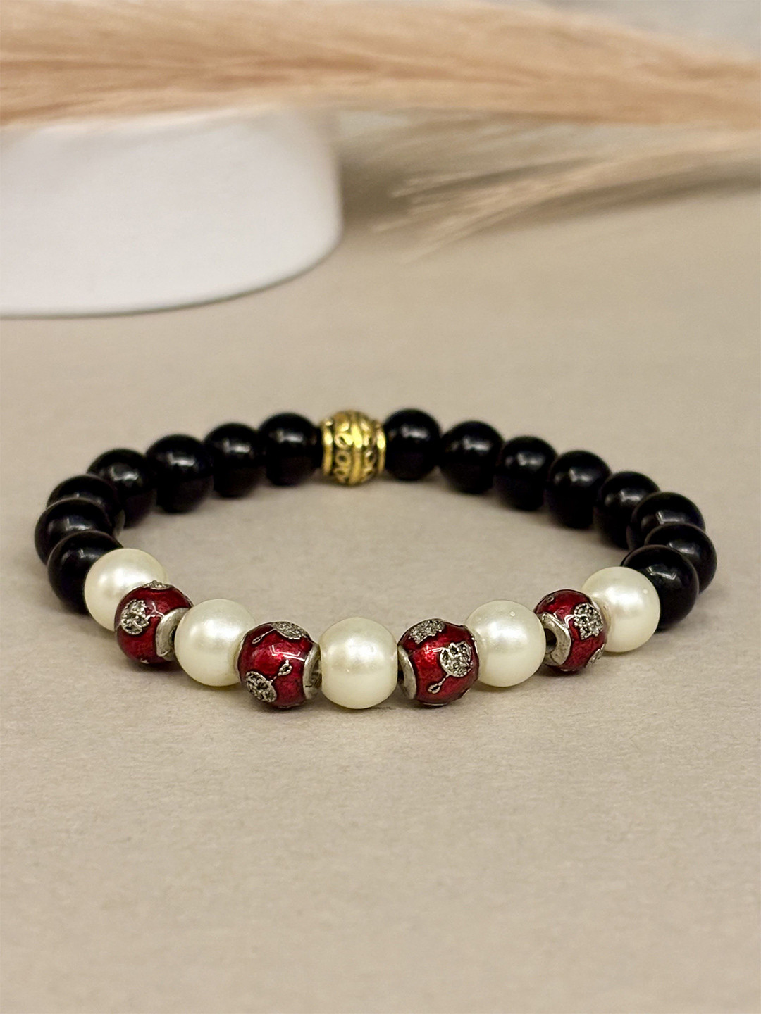SANAA CREATIONS Dusk Crest Unisex Onyx & Sandstone Beaded Elasticated Bracelet