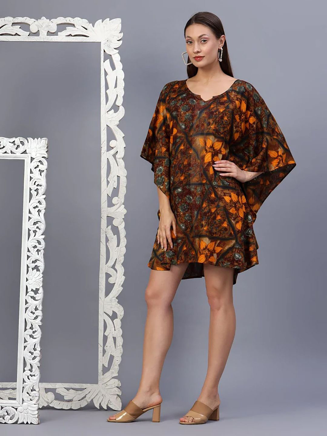 House of Kaftan Women Bohemian Printed V-Neck Kimono Sleeve Kaftan Mini Dress