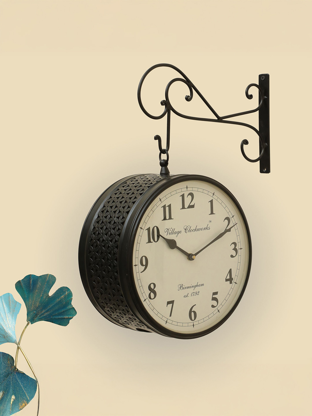 vedas Anvi Black & White Metal Railway Station Double Sided Wall Clock