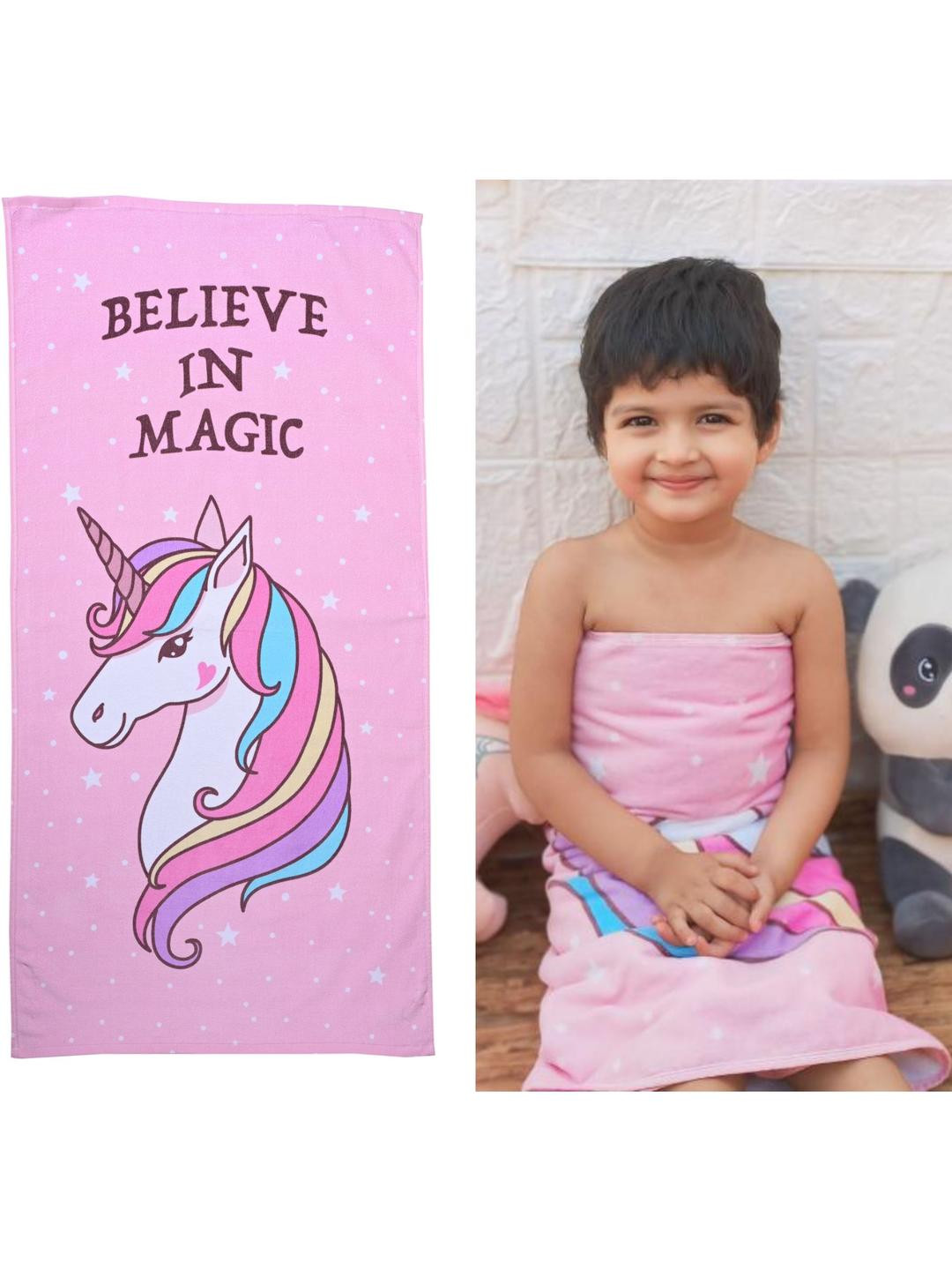 MumsLap Unisex Kids Pink 1 Unicorn Printed Terry Cotton 380 GSM Bath Towel