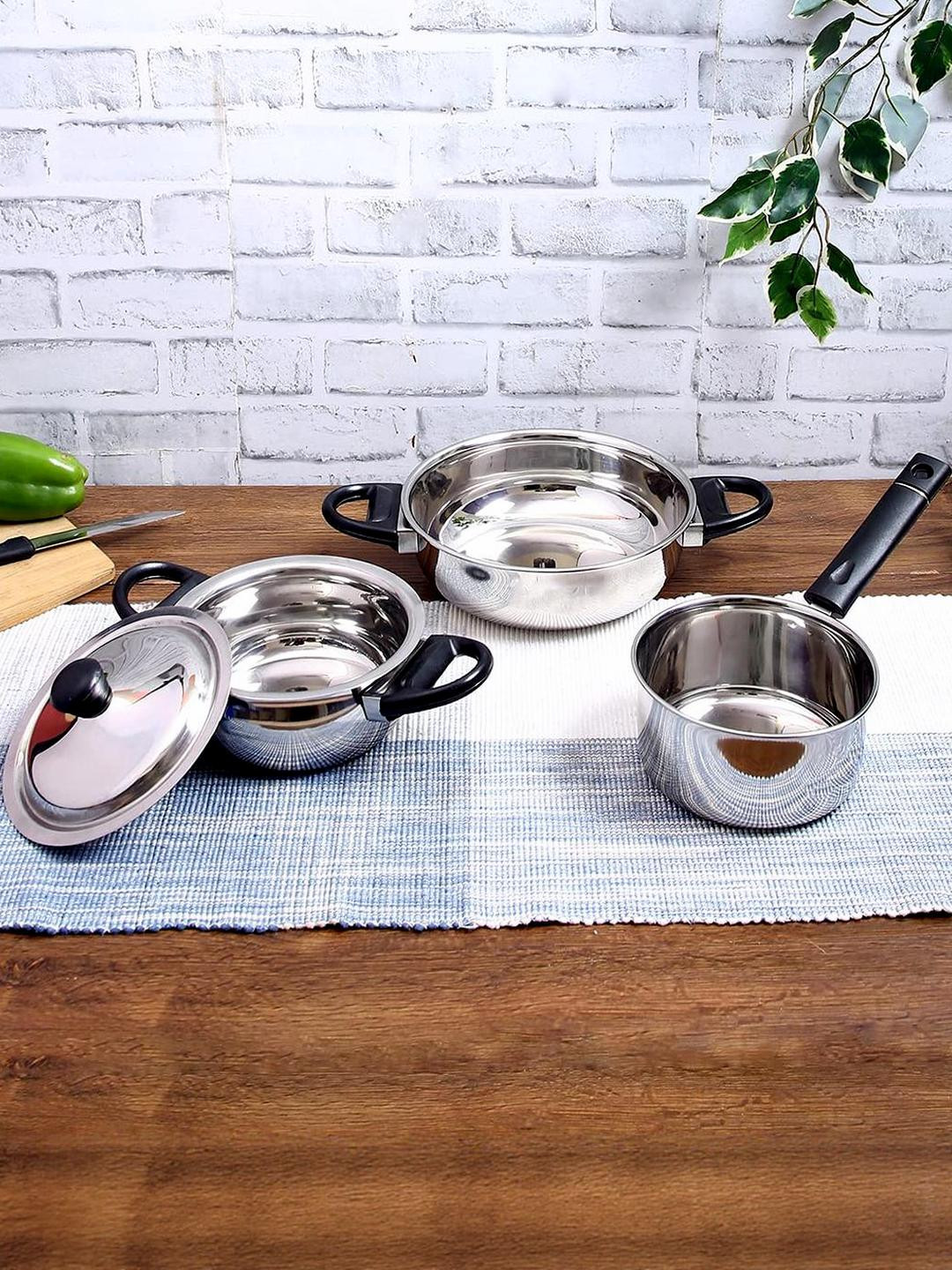 Neelam Stainless Steel Kadhai, Handi, Sauce Pan with Steel lid Combo of 4 PCS