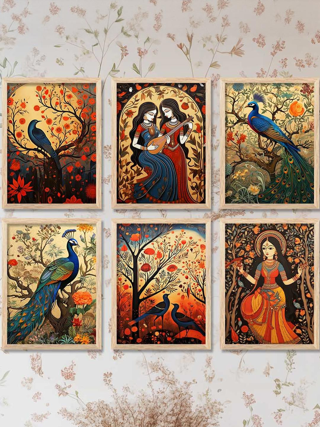 WALLLANE Pack of 6 Brown & Red Piece Wood Abstract Wall Paintings