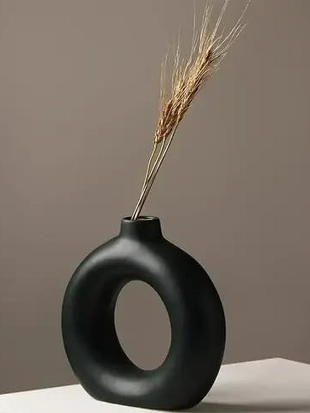 METALLICON Black Donut Shaped Matte Finish Ceramic Vase