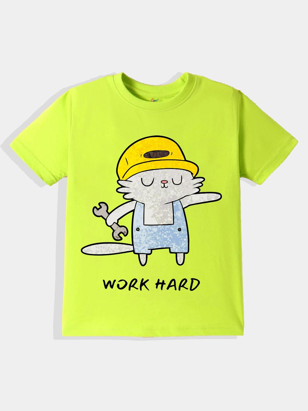 KAVEE Pure Cotton Half Sleeves Baby Cat & Work Hard Text Printed Bio Washed Tee -Neon Green
