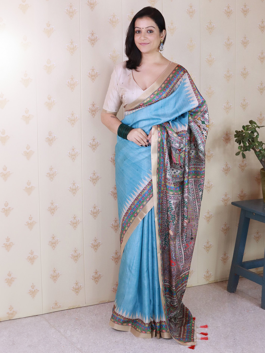 ELITE WEAVES Printed border Zari Tussar Saree