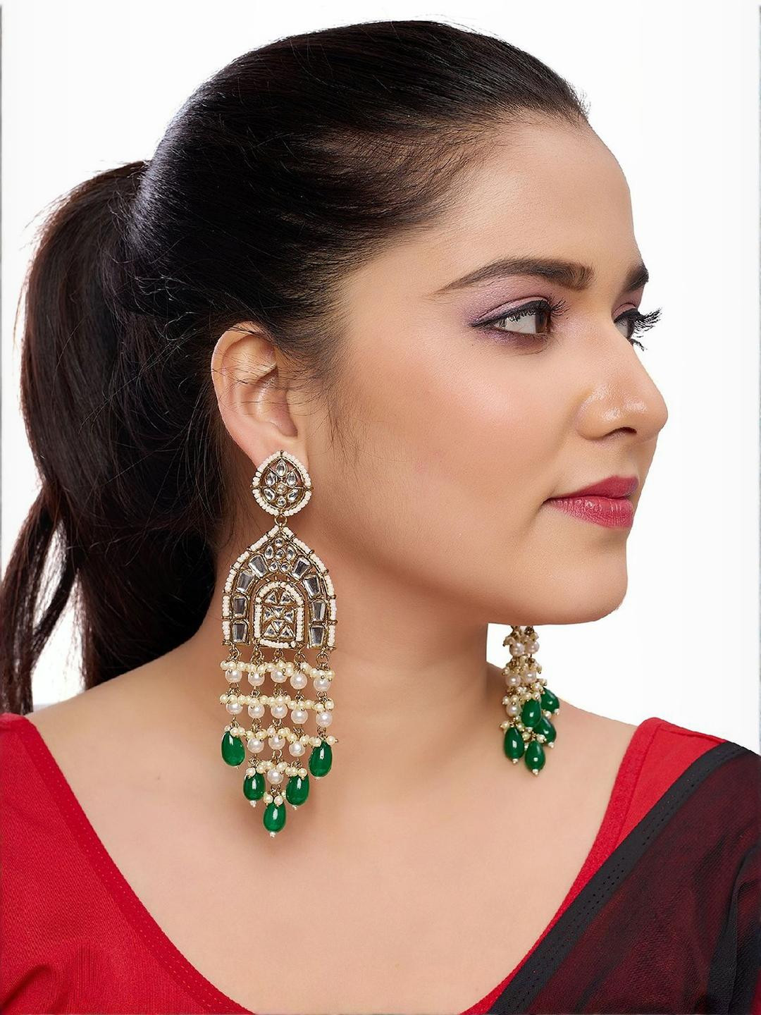 Rhymee Gold-Plated Contemporary Kundan Beaded Drop Earrings
