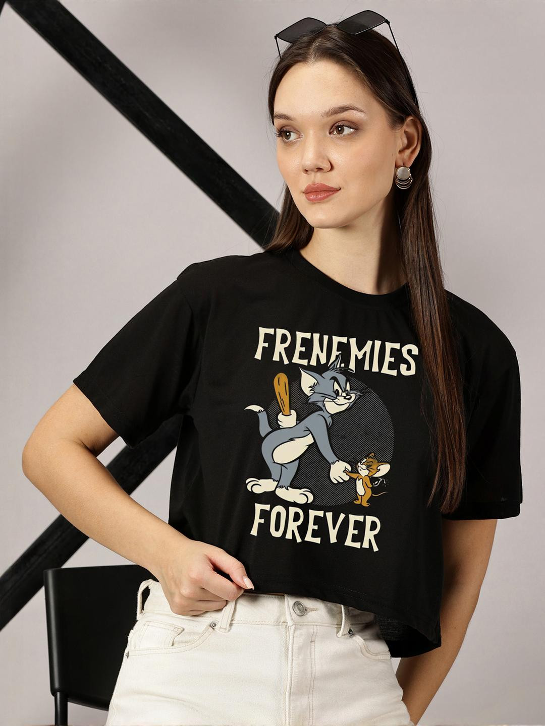 Dreambe Pack of 2 Bugs Bunny and Tom & Jerry Printed Drop-Shoulder Sleeves Crop T-shirt