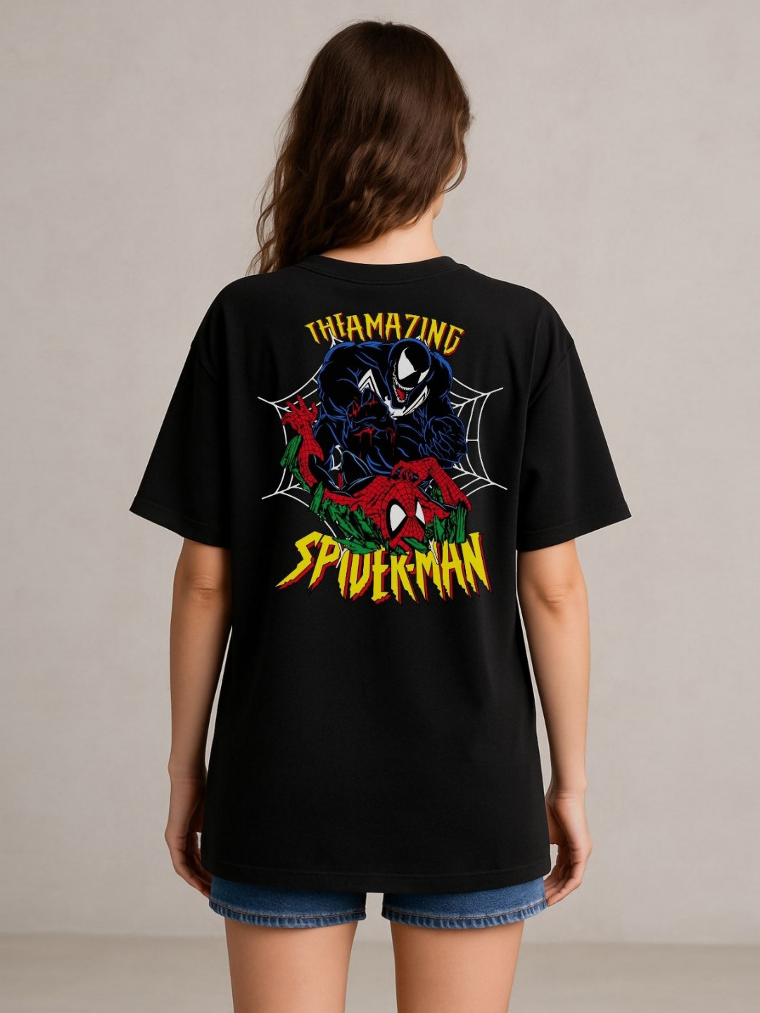 Anikmart Women Spider-Man Dri-FIT Graphic Printed Round Neck Cotton Oversized T-shirt