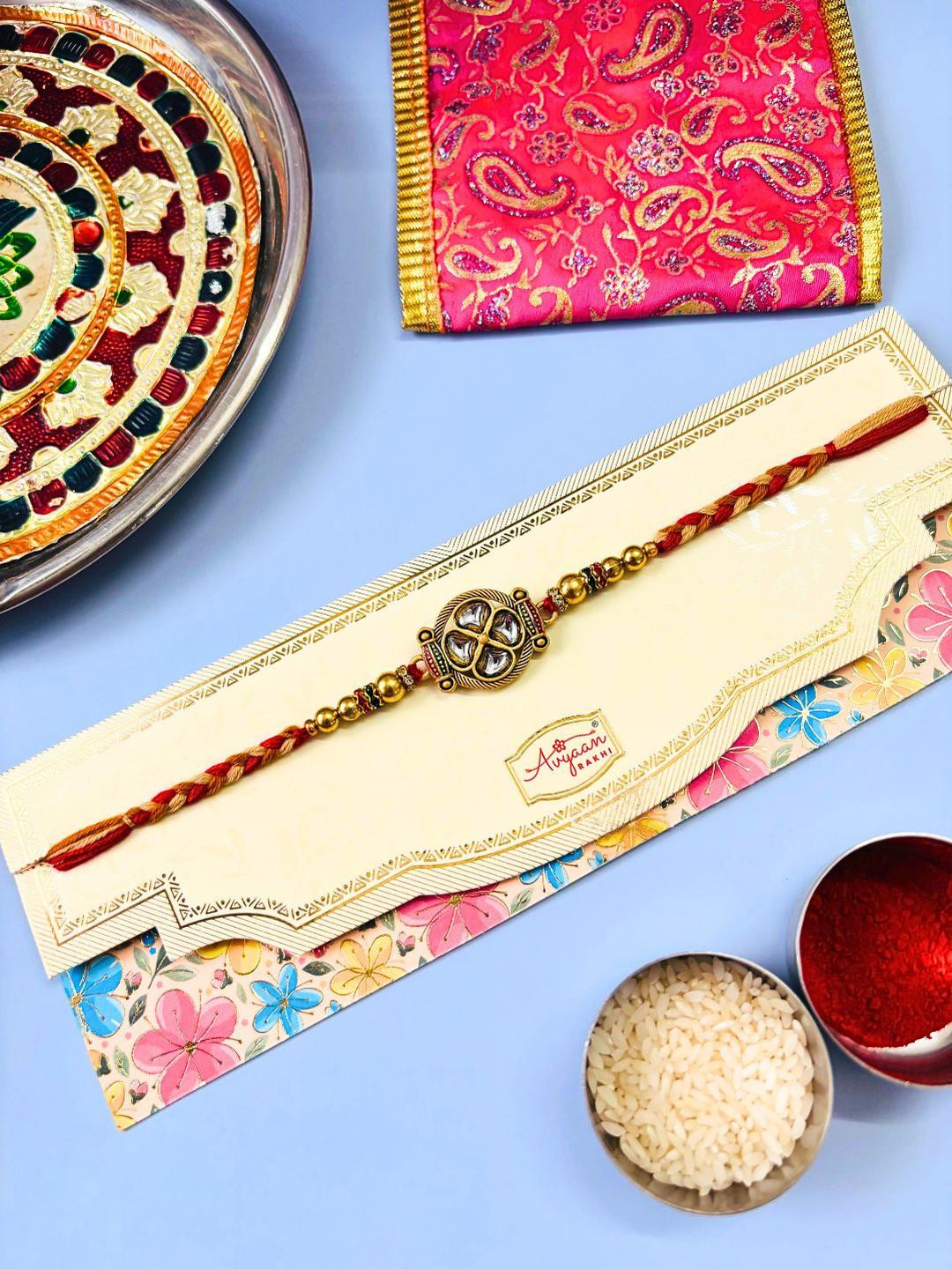 Kundan Meenakari Rakhi Stone Studded & Beaded Thread Rakhi Traditional Handmade Rakhi for Brother