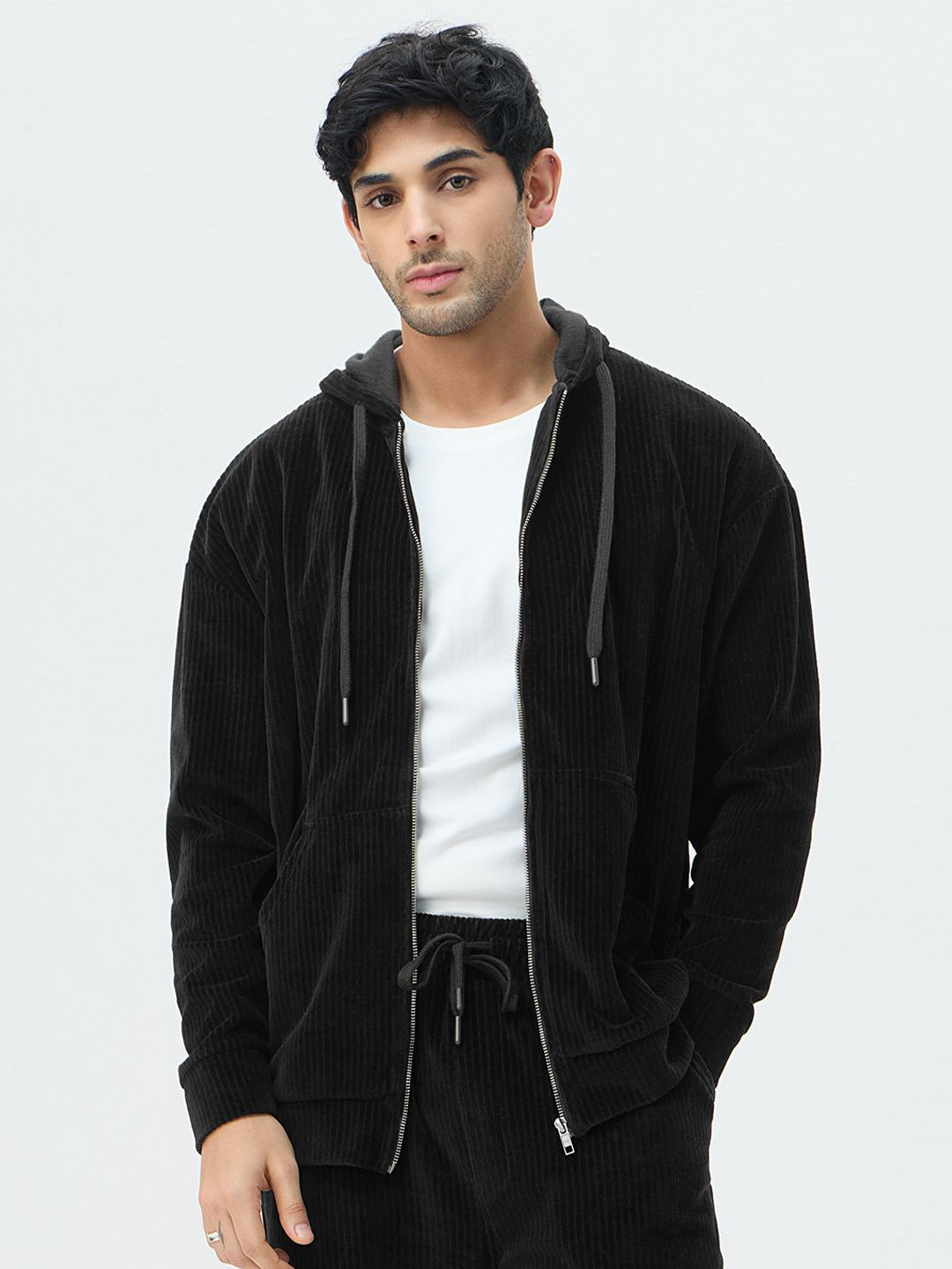 The Souled Store Men Self Design Striped Long Sleeve Corduroy Hooded Sweatshirt