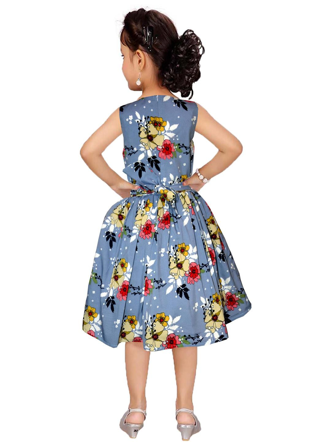 Shahina Fashion Girls Grey Flower Print Summer Sleeveless Round Neck Casual Dress