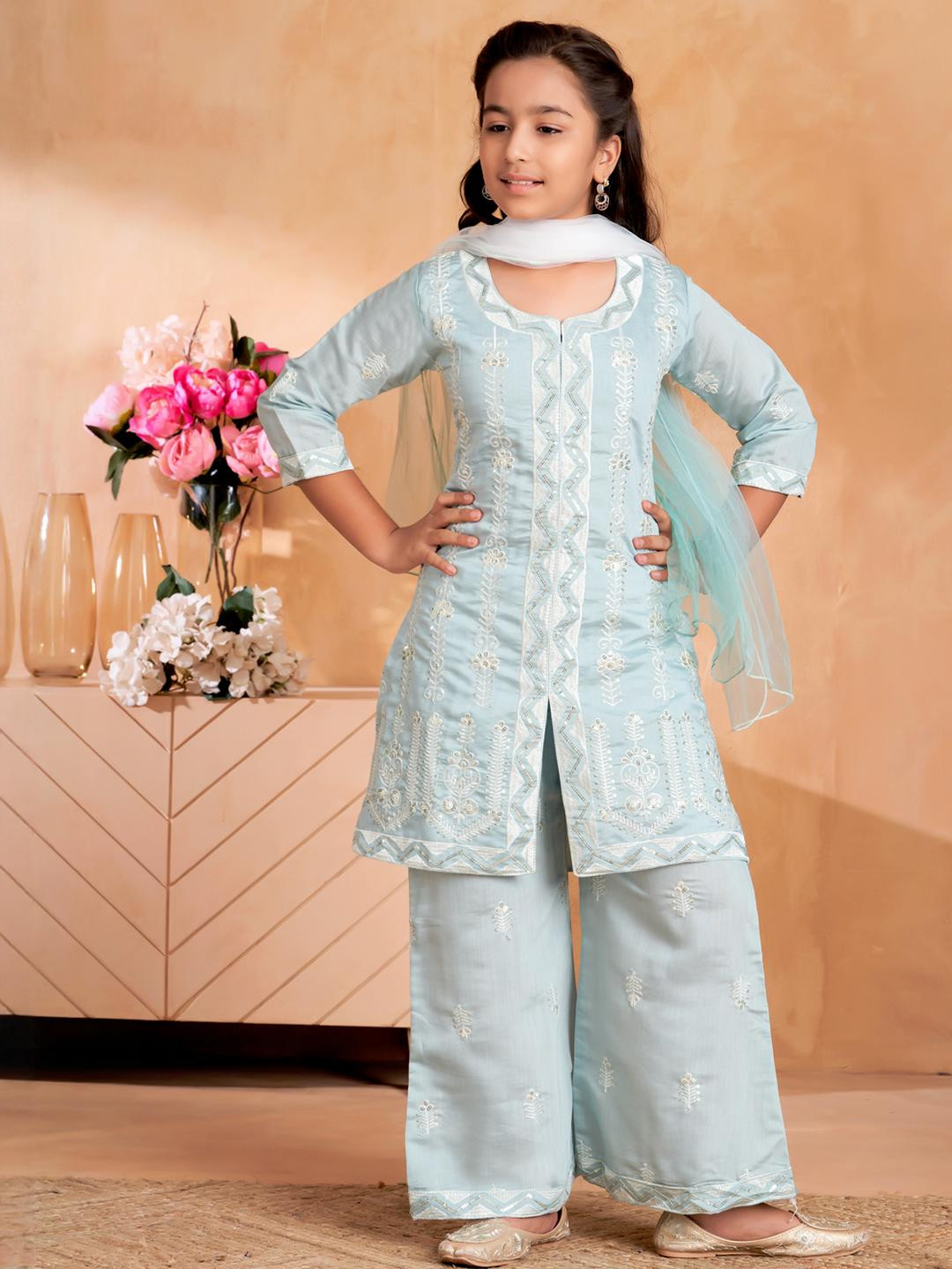 Sangria Girls Turquoise Blue Pure Silk Kurta Sets