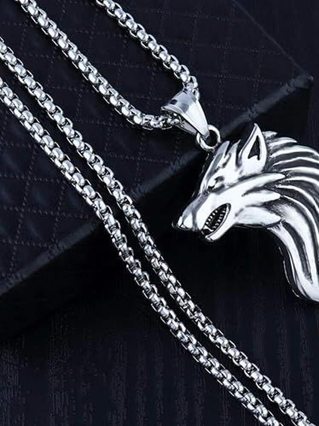 Men's Silver Plated Necklace Wolf Pendant with Chain