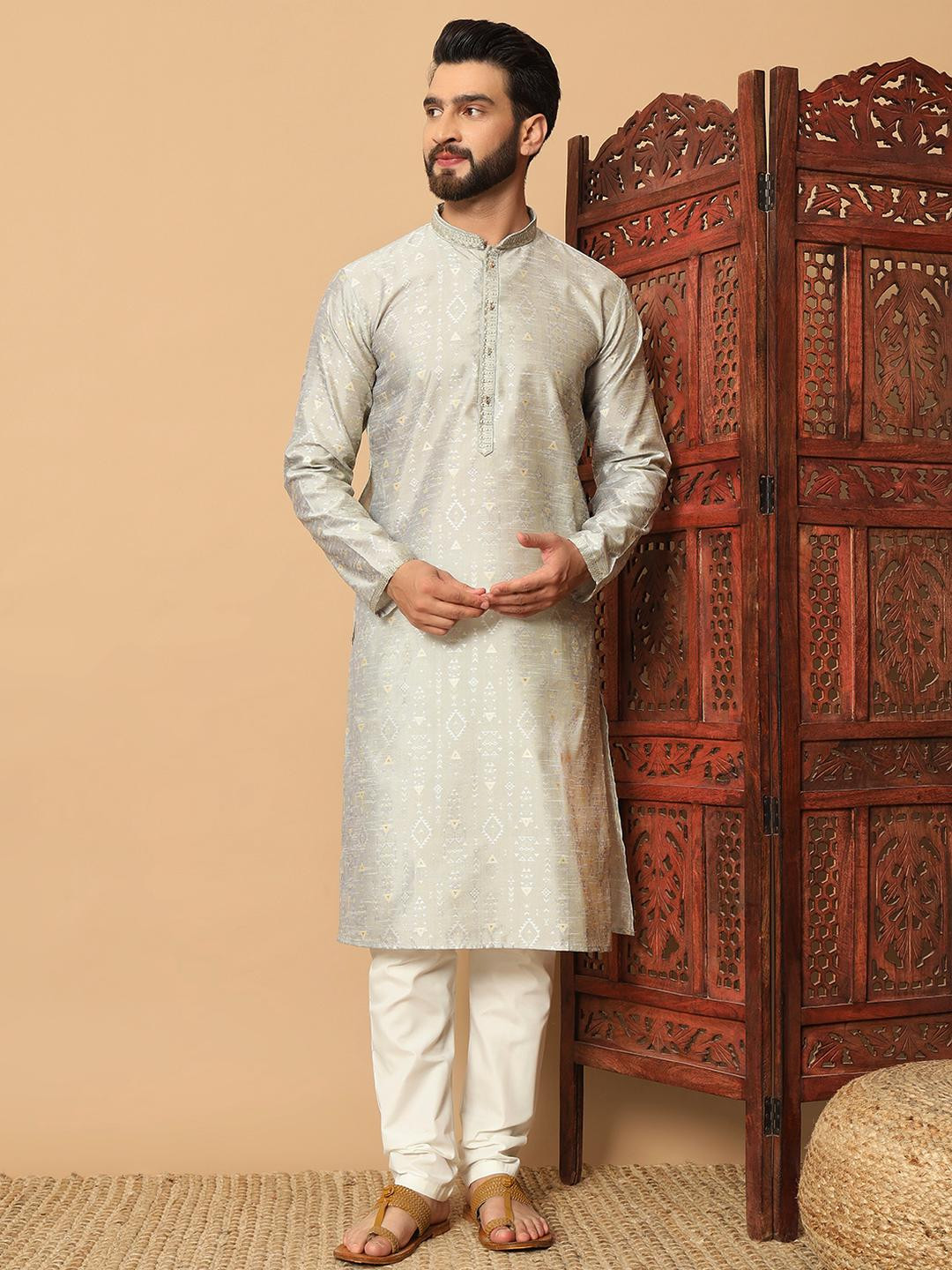 Men's Light Grey Woven Pattern Kurta with Embroidered Collar