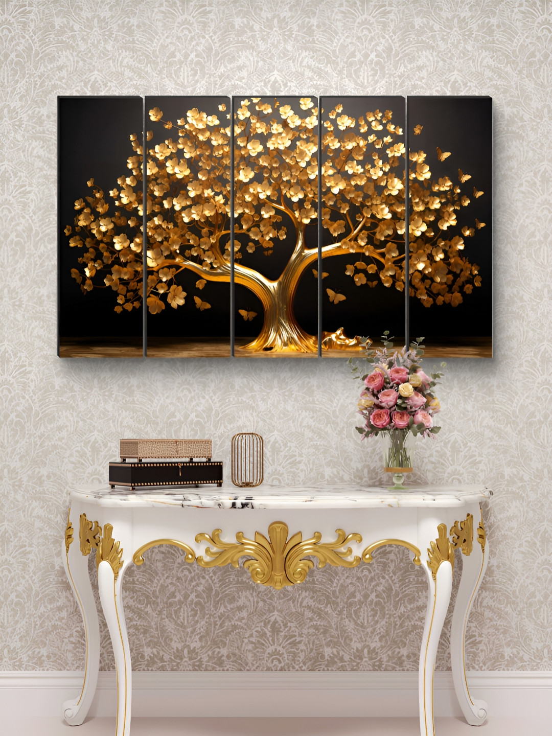 Myntra Elegant Homes Black & Gold-toned 5 Pieces Tree of Life MDF Wooden Wall Art