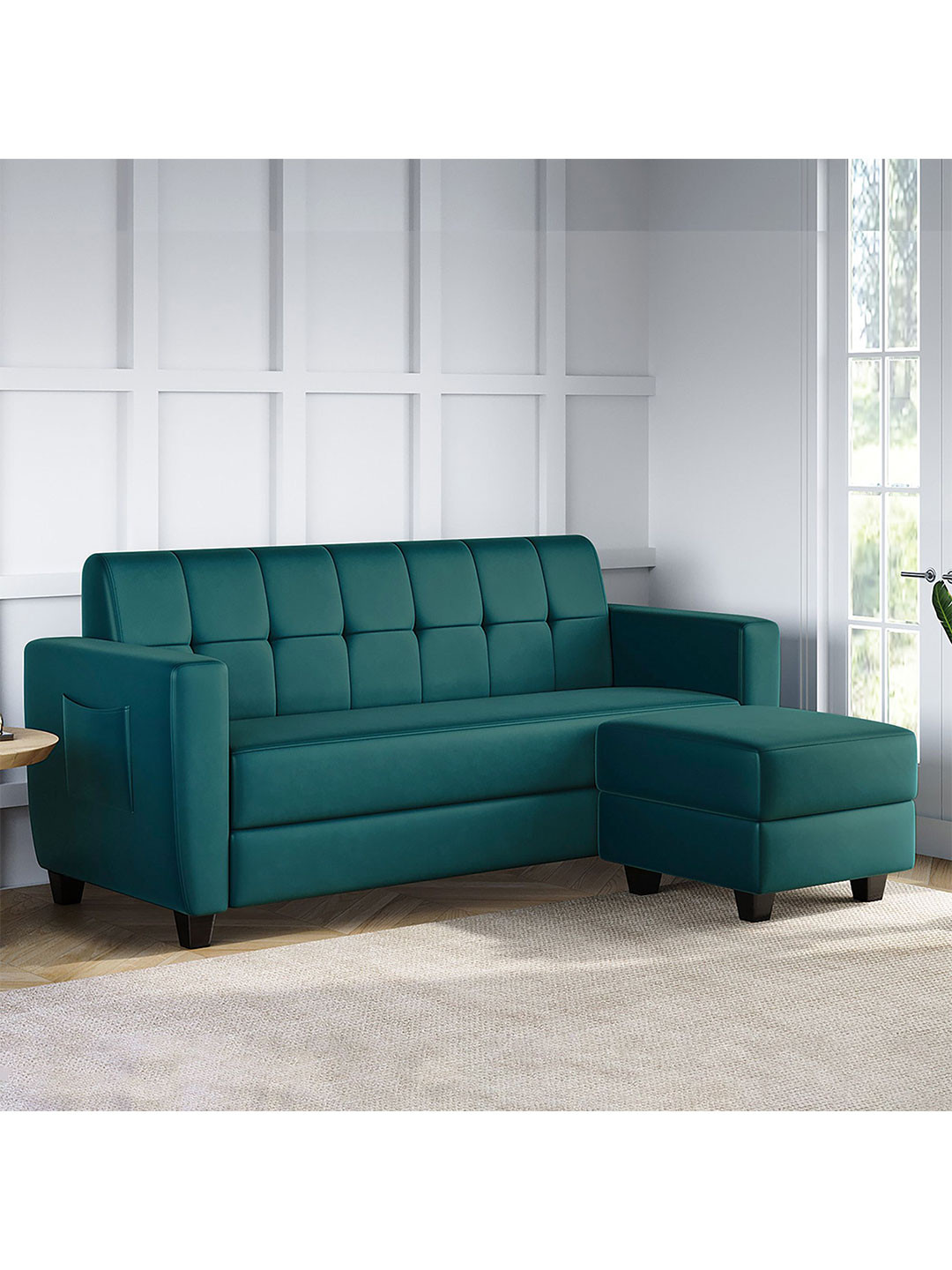 ARRA Green Remo Tufted Back Fabric 4 Seater Sofa