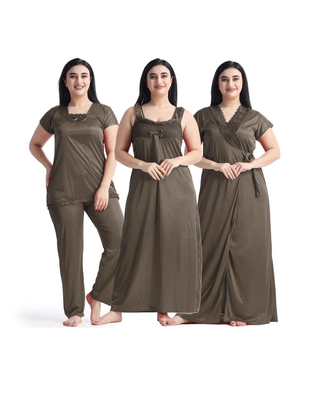 NIGHT KEYS Women Brown Satin Sweat Nightdress With Robe & Night Suit