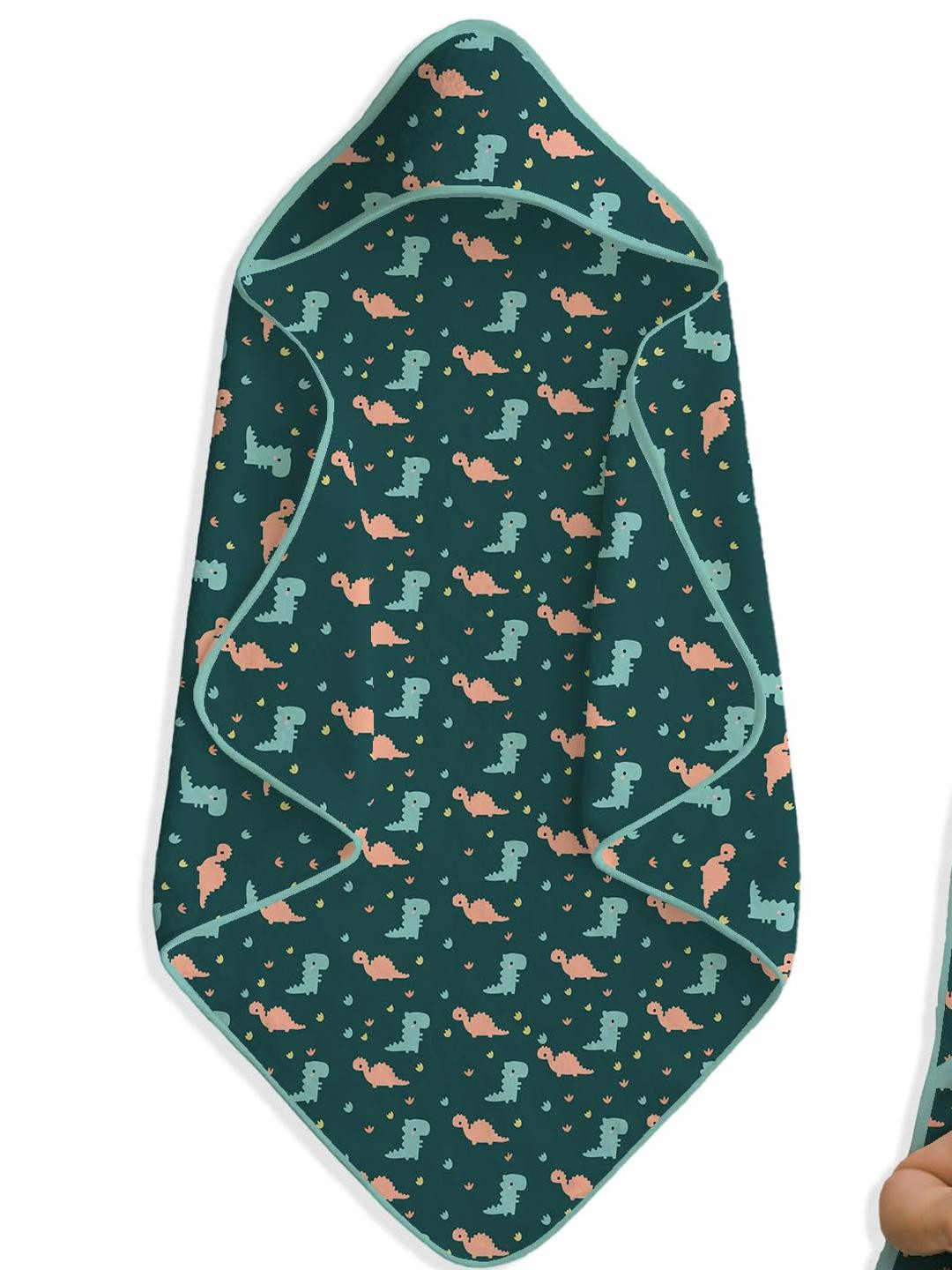 Adhigams Green & Blue Printed Pure Cotton Hooded Blanket