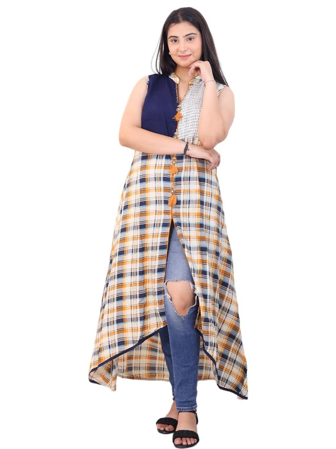 MODFUSE Women Blue Checked Shirt Collar Sleeveless Kurti With Asymmetric Hem & Tassels