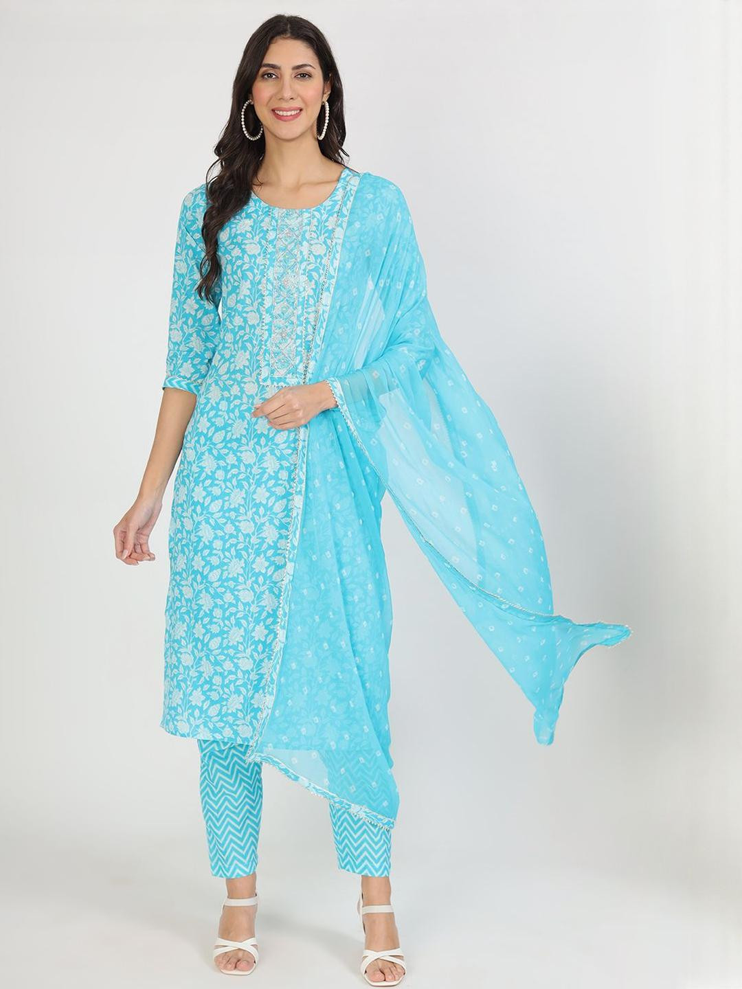 KALINI Women Floral Embroidered Regular Pure Cotton Kurti Set