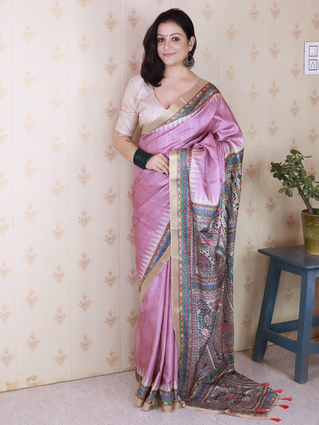 ELITE WEAVES Kalamkari Printed Zari Tussar Saree