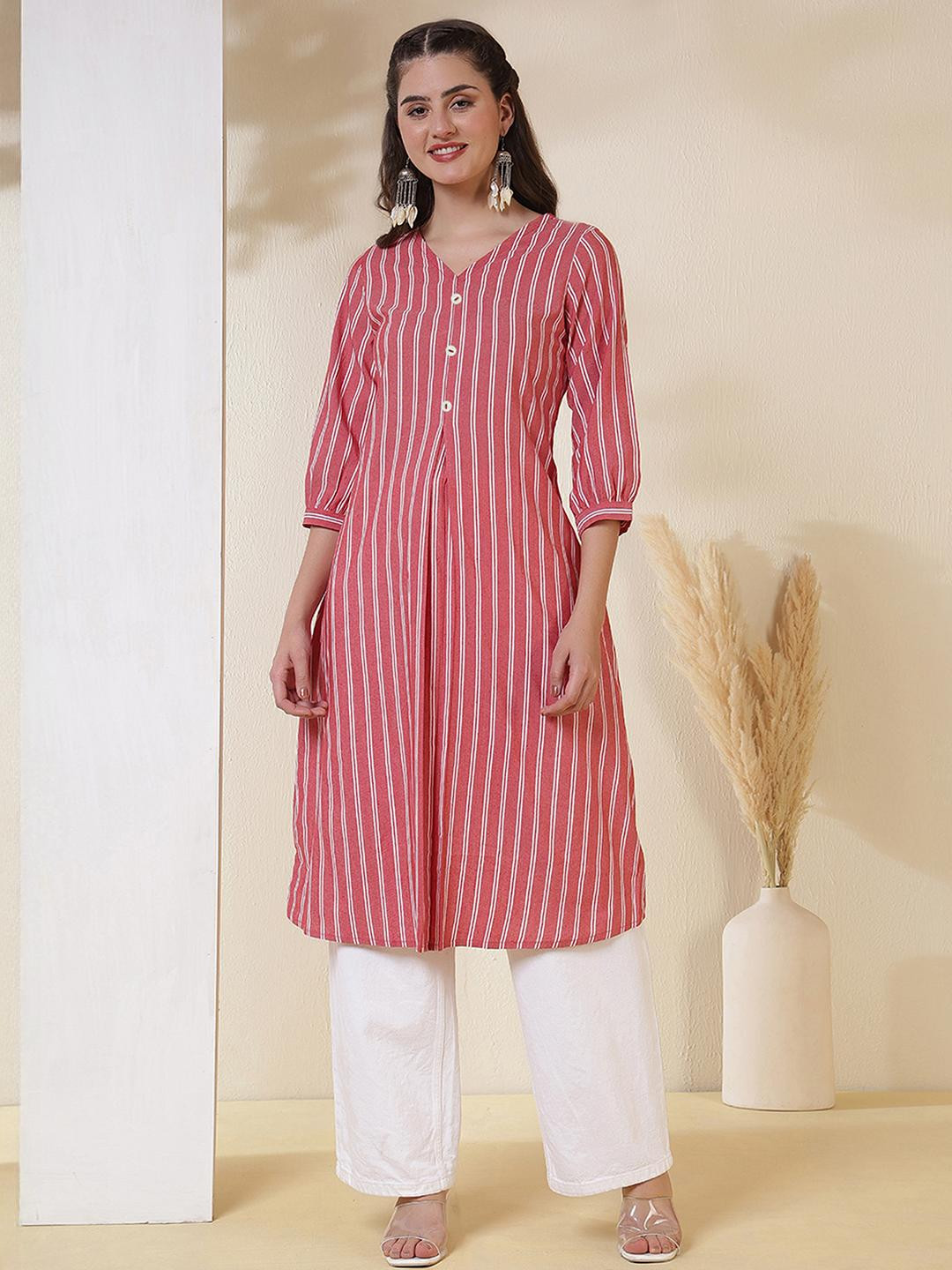 Uparna Women's Red, White Cotton Woven Design Calf Length A-Line Kurta