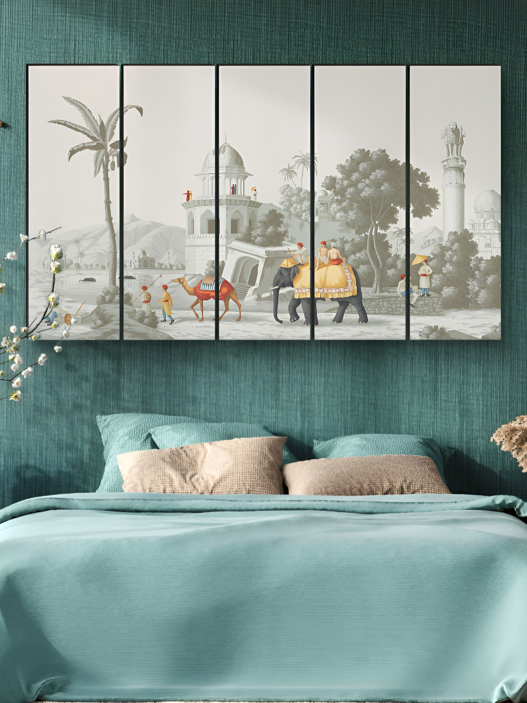 Myntra Elegant Homes Grey & Yellow Vintage Indian Procession 5 Pieces MDF Wooden Wall Art