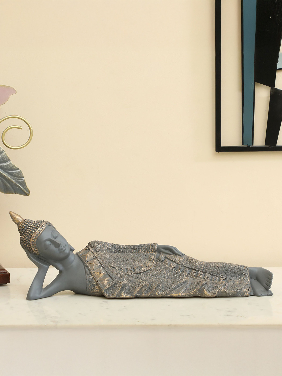 vedas S-Aum Grey & Gold-Toned Thinking Buddha Showpiece