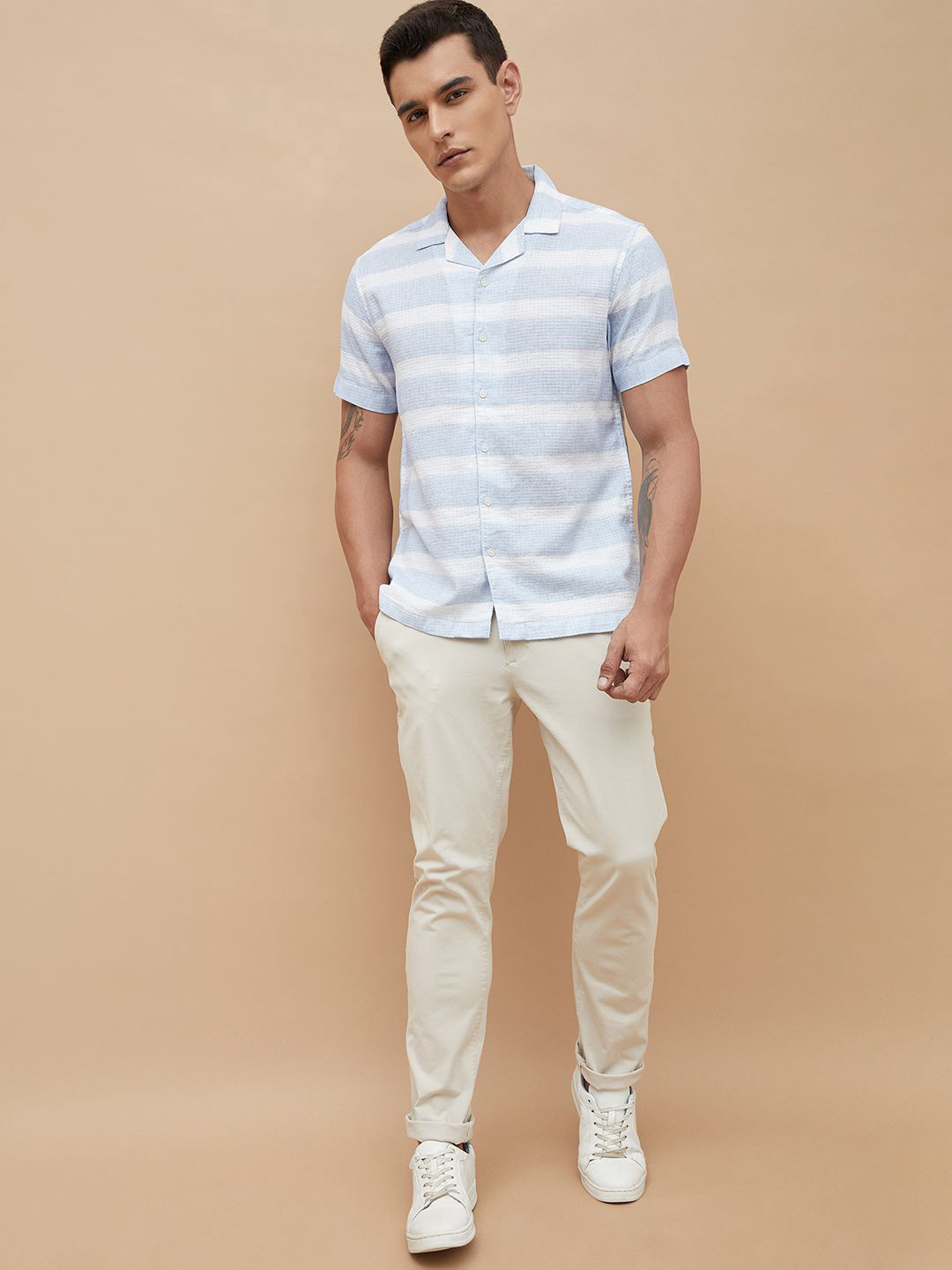 CODE by Lifestyle Men Horizontal Striped Cuban Collar Cotton Casual Shirt