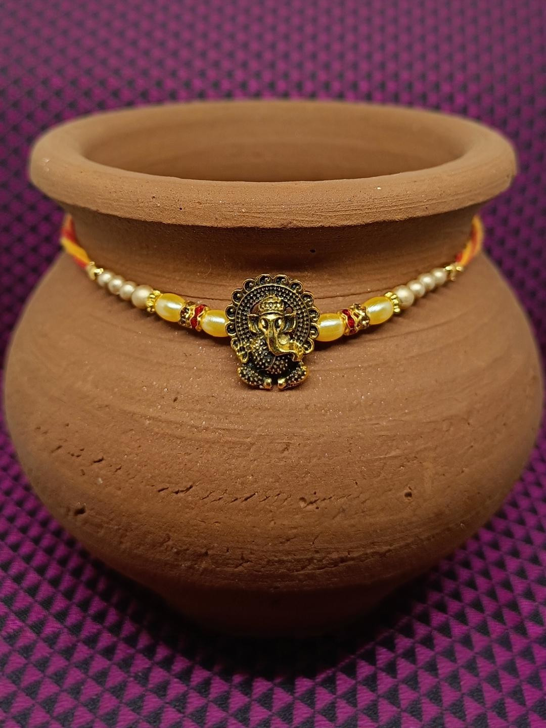 VIVASTRI Unisex Golden With Red Thread Artificial Beads Premium Ganapati Rakhi