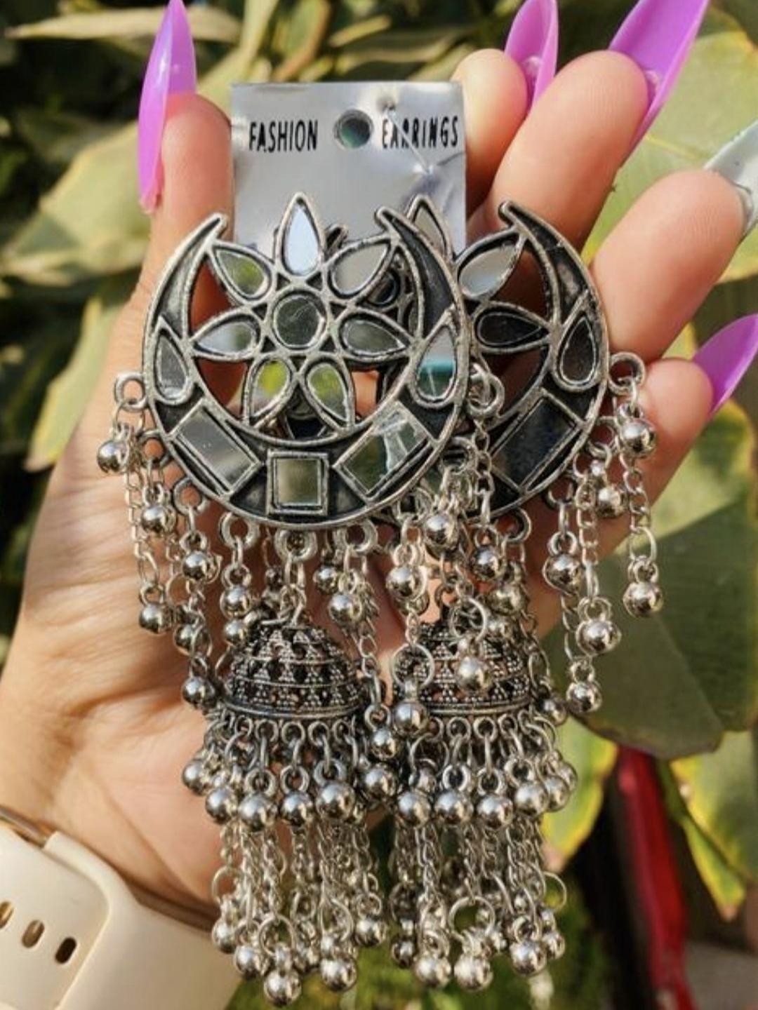 ISLANA Silver-Plated Oxidised Jhumka Earrings (Set of 2)