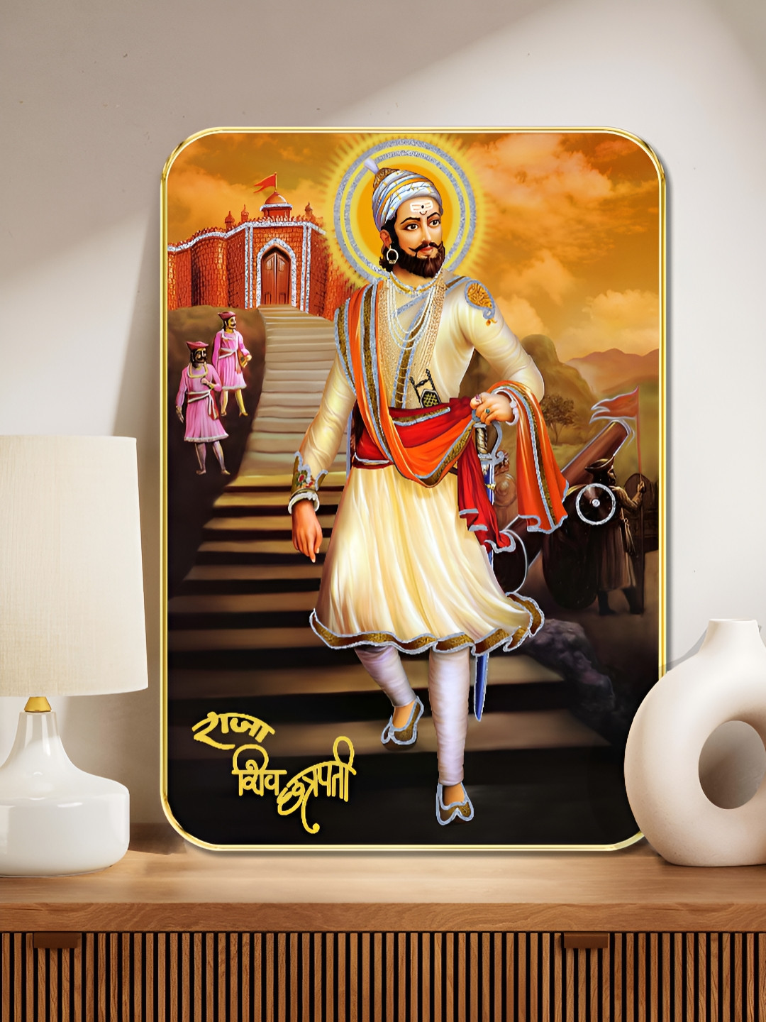 SAF Yellow & Orange Chhatrapati Shivaji Maharaj Printed Wooden Wall Art