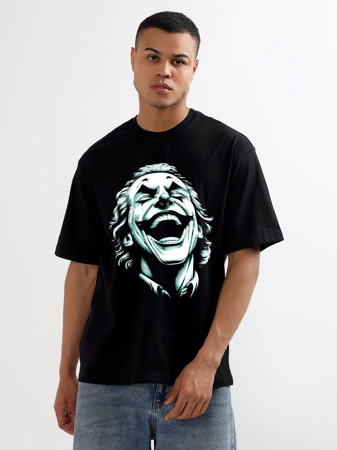 CODE OF HONOUR Joke Face Printed Round Neck Drop-Shoulder Sleeves Cotton Oversized T-shirt