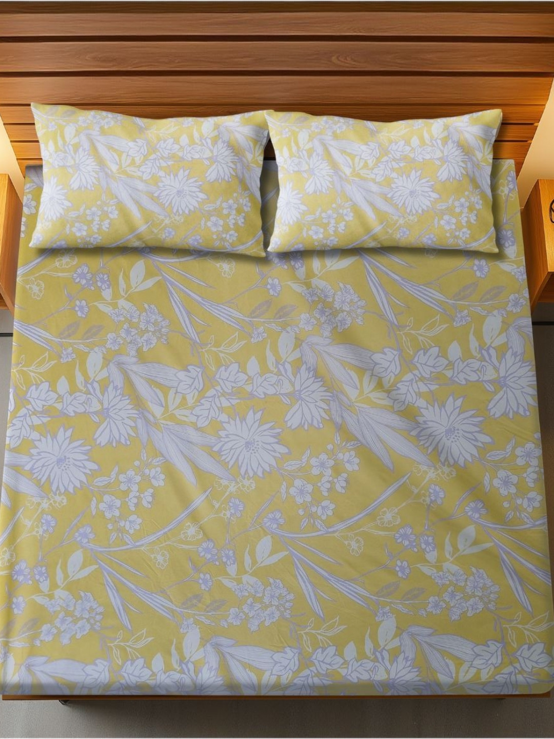 HARYANA HOOPS Yellow  & White Floral Printed 220 TC Queen Bedsheet Set 2.36m x 2.05m