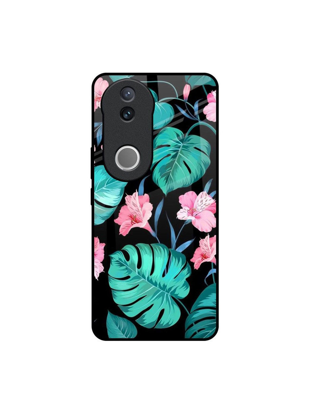 QRIOH Floral Printed Vivo V50 5G Tropical Leaves & Pink Flowers Glass Back Case