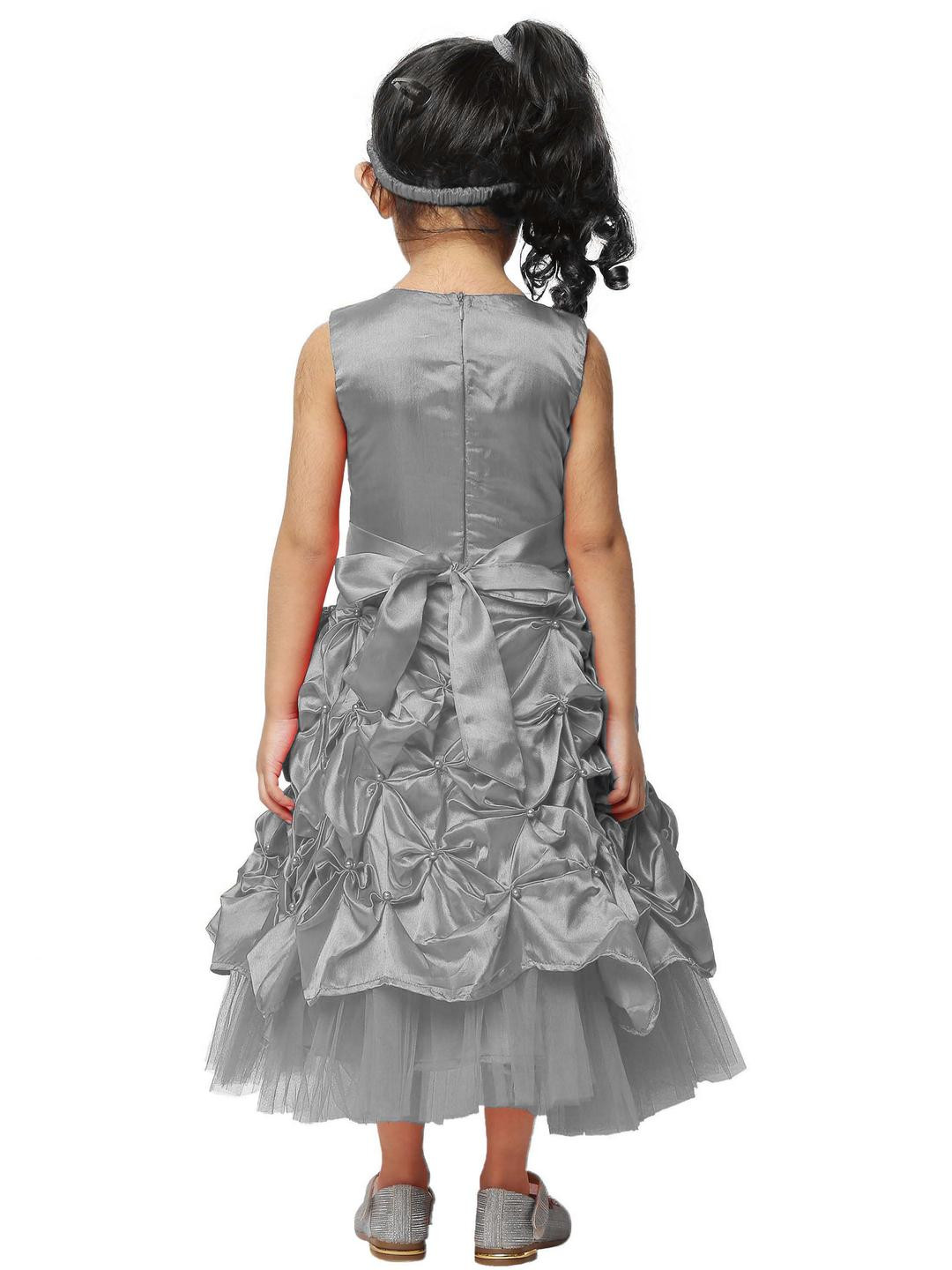 Shahina Fashion Girls Grey Party Satin Round Neck Net Flared Ball Gown Dress